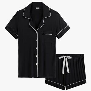 Classic Black Short Sleeve Pajama Set with White Trim